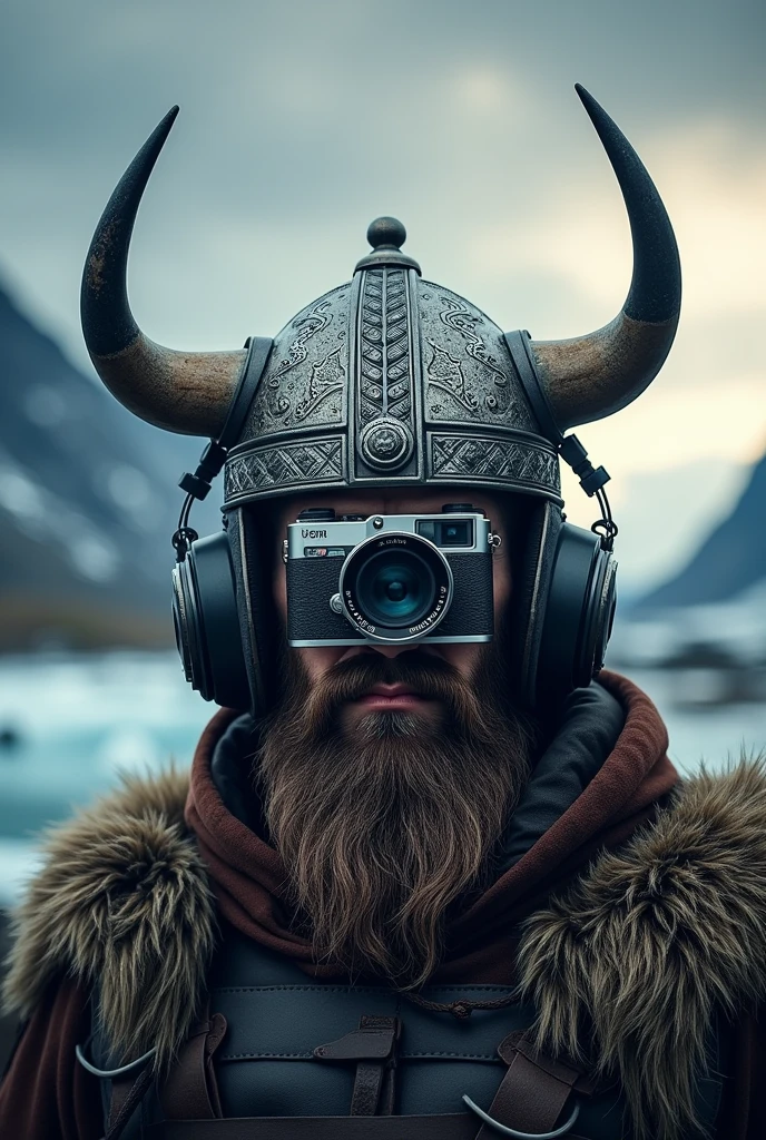 Logo with camera, Headphones and Viking helmet in Viking style