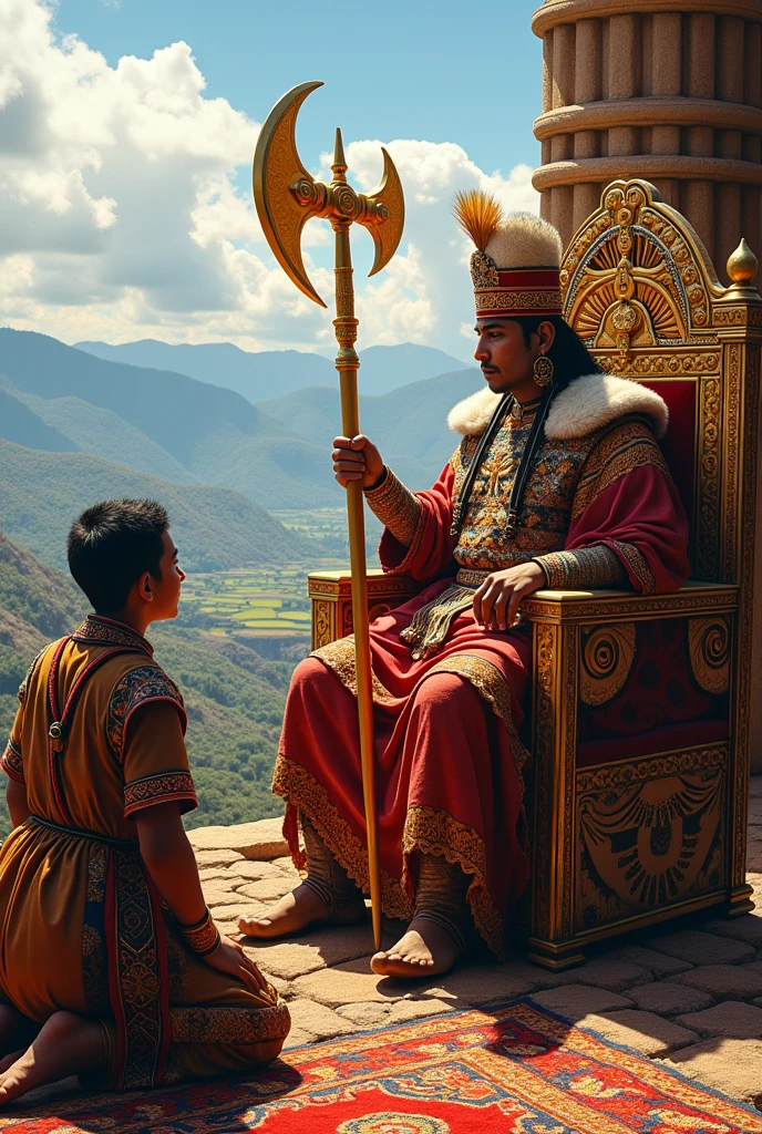 Create an image where Atahualpa is sitting with his golden axe-like staff and a young quipucamayoc is kneeling before him as a sign of respect. In the background, depict the Tahuantinsuyo.