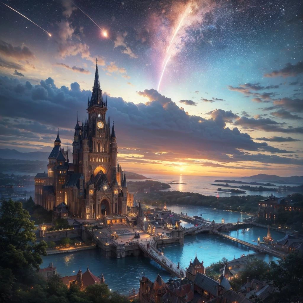 (8k, highest quality, masterpiece, final fantasy style: 1.2), (unRealistic, photoRealistic: 1.37), Dreamy landscape, Fantasy, Unsurreal landscapes, Super detailed, Flying metallic  futuristic Castle, Floating Island in the Sky, Seven-colored swirl of light, Intense lightning, milky way, Complex Light, Colored light, Large Lake, Starry sky reflected on the lake surface, Countless shining stars, Meteors,  Reflections , (A pillar of light emanated from the ground:1,2), roses and orchids gardens , sunset, pink clouds, waterfalls in the sky, realistic style, Hyperrealism drawing, a flying pirate spaceship floating at the clouds level, burning skyscrapers, cyborgs, timeless realms , floating ships,  casting spell, healing light magic effect, in a magical lagoon of the fairyland, crystal clear water surface reflections, sharp focus, looking at viewer, (close-up:0.9), (bright white theme:1.2), (bright white tone:1.2), (deep blue tone:1.3), realistic, Hyperrealism,vivid colours , cyborgs, metallic devices, science fiction themes 