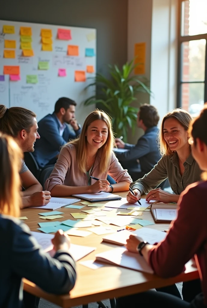 Learning Culture: An image illustrating a group of employees participating in a workshop or brainstorming session, with post-its and whiteboards, symbolizing the culture of continuous learning and the exchange of ideas.