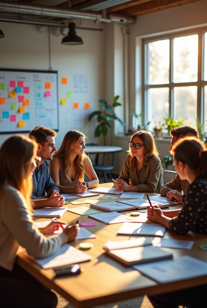 Learning Culture: An image illustrating a group of employees participating in a workshop or brainstorming session, with post-its and whiteboards, symbolizing the culture of continuous learning and the exchange of ideas.