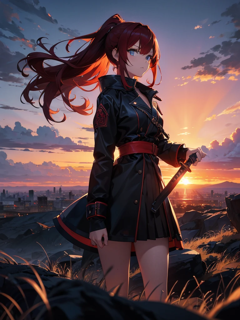 Cityscape, building, Skyline, sunset, Silhouette against a cloud background, meditation. Watching the beautiful sunset, sunset時に, sunset時, sunsetとともに, In the sunset, Nice views, Sunset view, With the sunset, sunset時に, During Golden Hour, looking sunset時に, Sunset in the background, Watching the sunset, Get noticed,, Very detailed, blue eyes, Red Hair, Angry expression,Wearing a black fur jacket, Medium Hair,ponytail, Anime Style, whole body, alone, Stylish Sword Fighter Girl, Has a rapier,Standing in the Wilderness, 8K high resolution, White Background, The background is a dark and desolate landscape, Horror movie atmosphere. Her figure is very beautiful, Emphasizing the dark and crazy elements. Skillfully expressing the effects of light and shadow, Anime girls from &#39; Forefront, Mechanized Soldier Girl, &#39; Forefront style