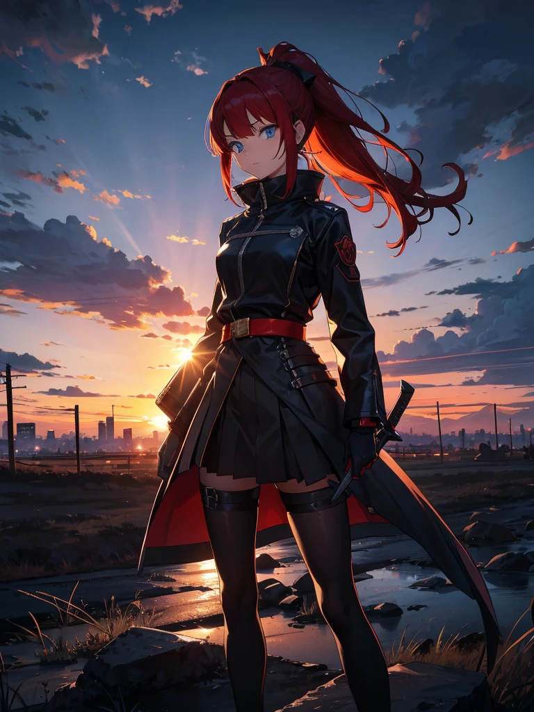 Cityscape, building, Skyline, sunset, Silhouette against a cloud background, meditation. Watching the beautiful sunset, sunset時に, sunset時, sunsetとともに, In the sunset, Nice views, Sunset view, With the sunset, sunset時に, During Golden Hour, looking sunset時に, Sunset in the background, Watching the sunset, Get noticed,, Very detailed, blue eyes, Red Hair, Angry expression,Wearing a black fur jacket, Medium Hair,ponytail, Anime Style, whole body, alone, Stylish Sword Fighter Girl, Has a rapier,Standing in the Wilderness, 8K high resolution, White Background, The background is a dark and desolate landscape, Horror movie atmosphere. Her figure is very beautiful, Emphasizing the dark and crazy elements. Skillfully expressing the effects of light and shadow, Anime girls from &#39; Forefront, Mechanized Soldier Girl, &#39; Forefront style