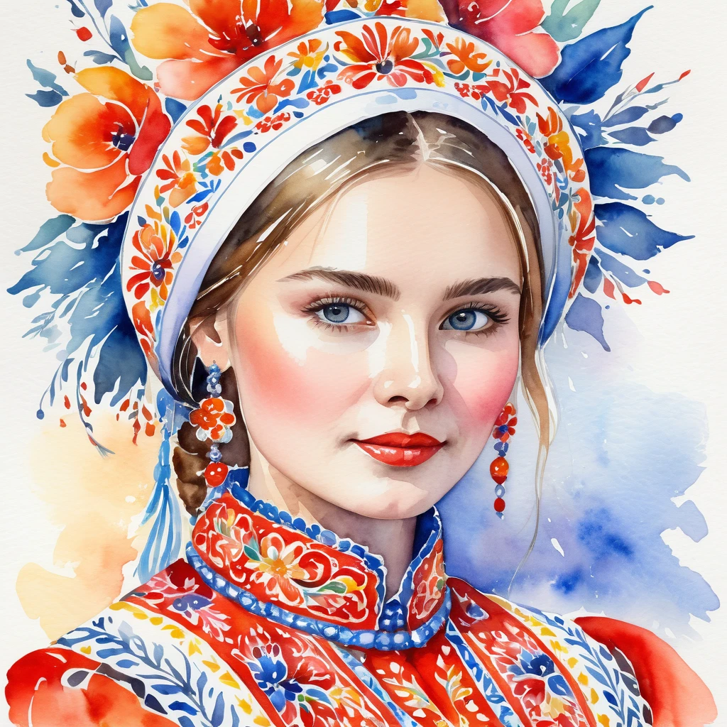 Watercolor portrait of a Russian girl clad in vibrant traditional Russian folk costume