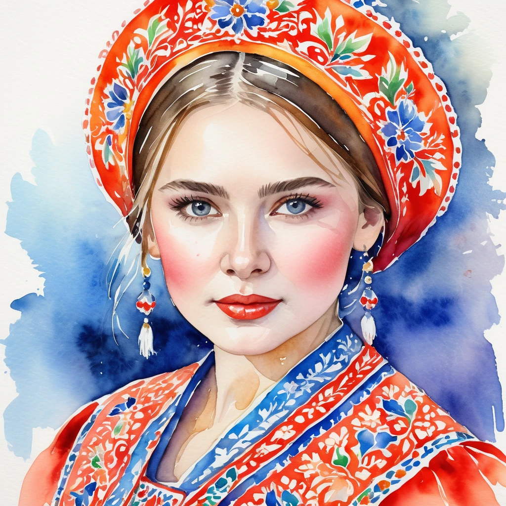 Watercolor portrait of a Russian girl clad in vibrant traditional Russian folk costume