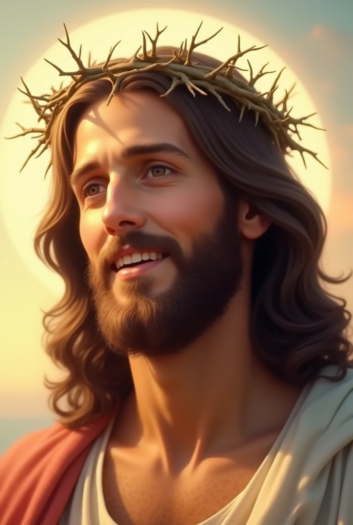 "Jesus Christ with a crown of thorns on His head, smiling warmly. The focus is on His face, which radiates kindness and compassion. His eyes are gentle and filled with love, and His smile is comforting and inviting. The background is soft and light, enhancing the overall feeling of warmth and reassurance."