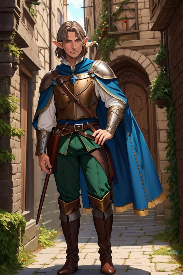 Make an Elf Mature-looking man, short and long dark blond hair, brown eyes, wears a blue medieval adventurer's outfit with silver details, wears dark green pants and brown leather boots in a medieval city setting