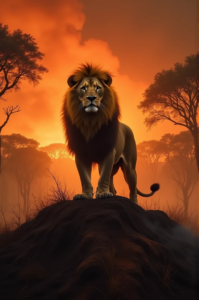 A brave loin on a burning forest over a hill