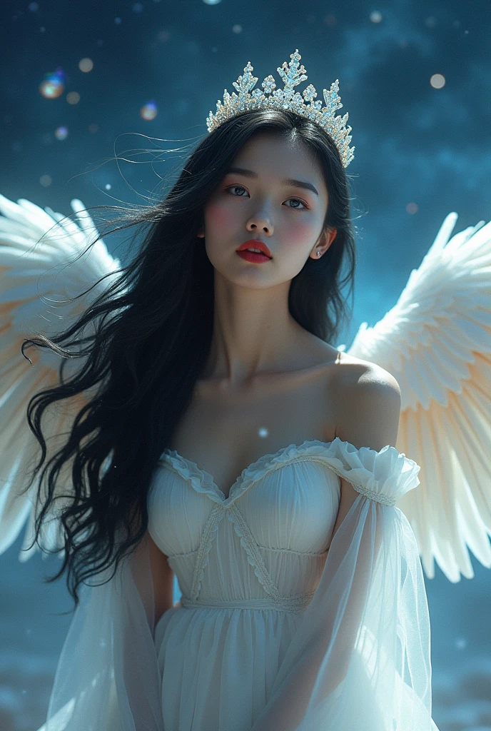 Create an image of a girl with black hair and red lips, wearing a crown on her head. She has pale blue eyes and is dressed in a white transparent dress. She also has angel wings. The background should be celestial, featuring a starry night sky with glowing nebulae and soft, ethereal light. The scene should have a dreamy, otherworldly atmosphere with intricate details and photographic quality. (masterpiece, photorealistic:1.4, extremely intricate:1.3, ultra resolution, hyper-realistic, 8K, cinematic lighting, film grain, bokeh)