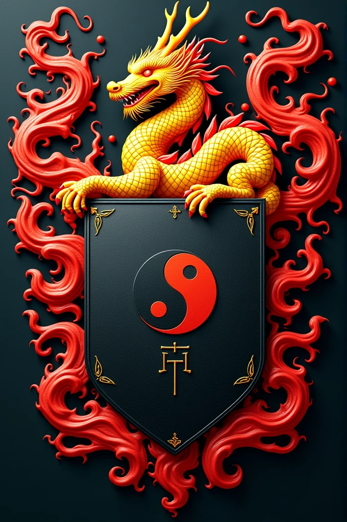 the symbol of the coat of arms in the middle is a shield with a yellow dragon holding yin and yang in its hands symbolizing the Huaxia tribe ruling the world and the color of the shield is black with red clouds symbolizing the rain of blood.