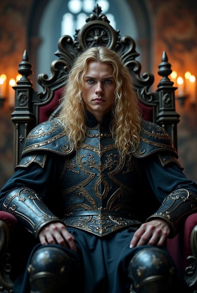 A blond young man with curly long hair sits as demon king, taking a realistic photo