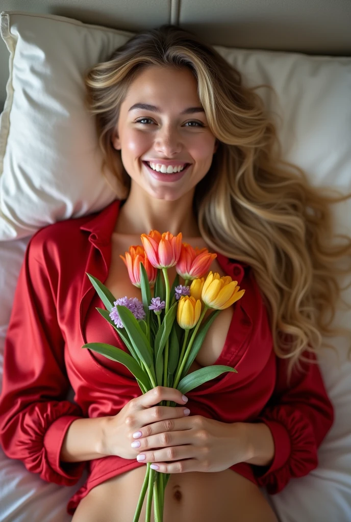 Une photo de haute qualité d'a 20 year old ager belly plan average breasts, (: 1.5), (portant un string noir: 1.3), (portant une chemise ouverte sans soutien gorge satin rouge: 1.3), lying in bed smelling a bouquet of flowers. realistic anatomy. Cheveux blondes three longs and wavy, Attractive detailed face, beau sourire heureux, elle Regarde le spectateur