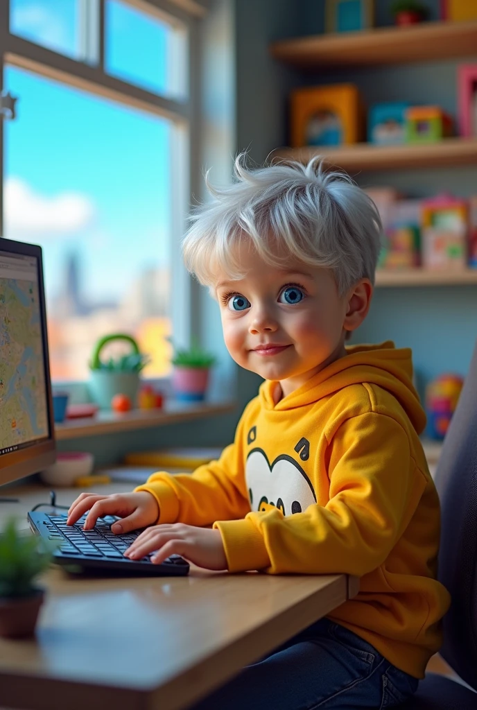 "Create an image of a young boy sitting at a computer desk. The child has large, bright blue eyes, and silver or white messy hair. They are wearing a normal yellow hoodie with cute and large The background is a cozy, well-with a window showing a cityscape under a clear blue sky. There are toys and decorations on shelves in the room, adding a playful and atmosphere. The lighting is warm, reflecting a peaceful and creative environment."