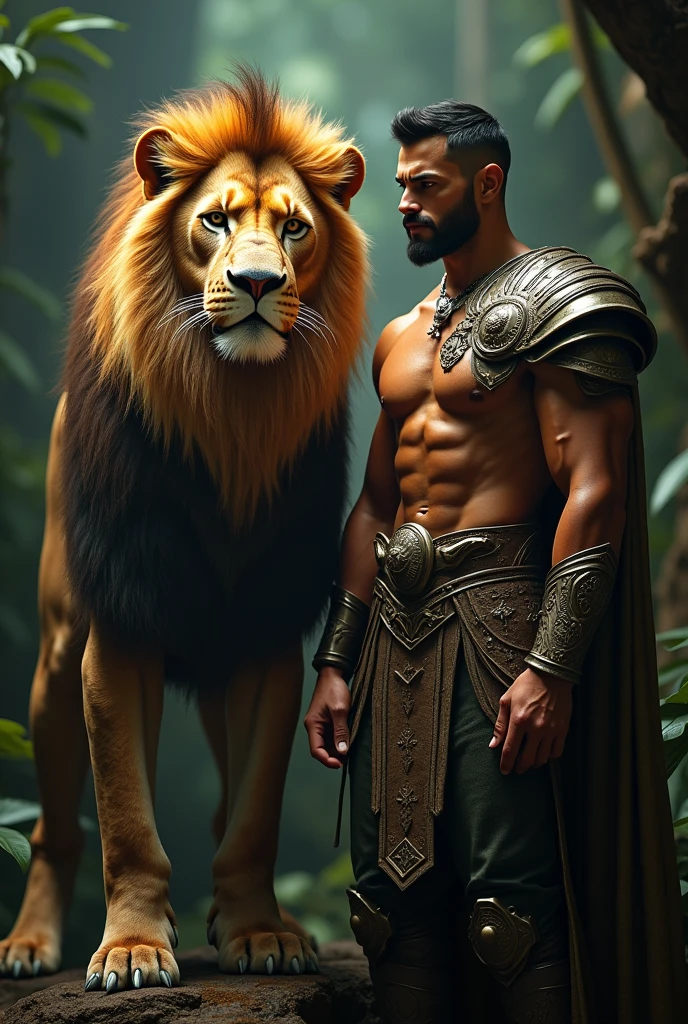 a powerful lion standing next to a muscular man, detailed anatomy, dramatic lighting, cinematic composition, epic fantasy scene, dramatic colors, moody atmosphere, realistic 3d rendering, highly detailed, masterpiece, photorealistic