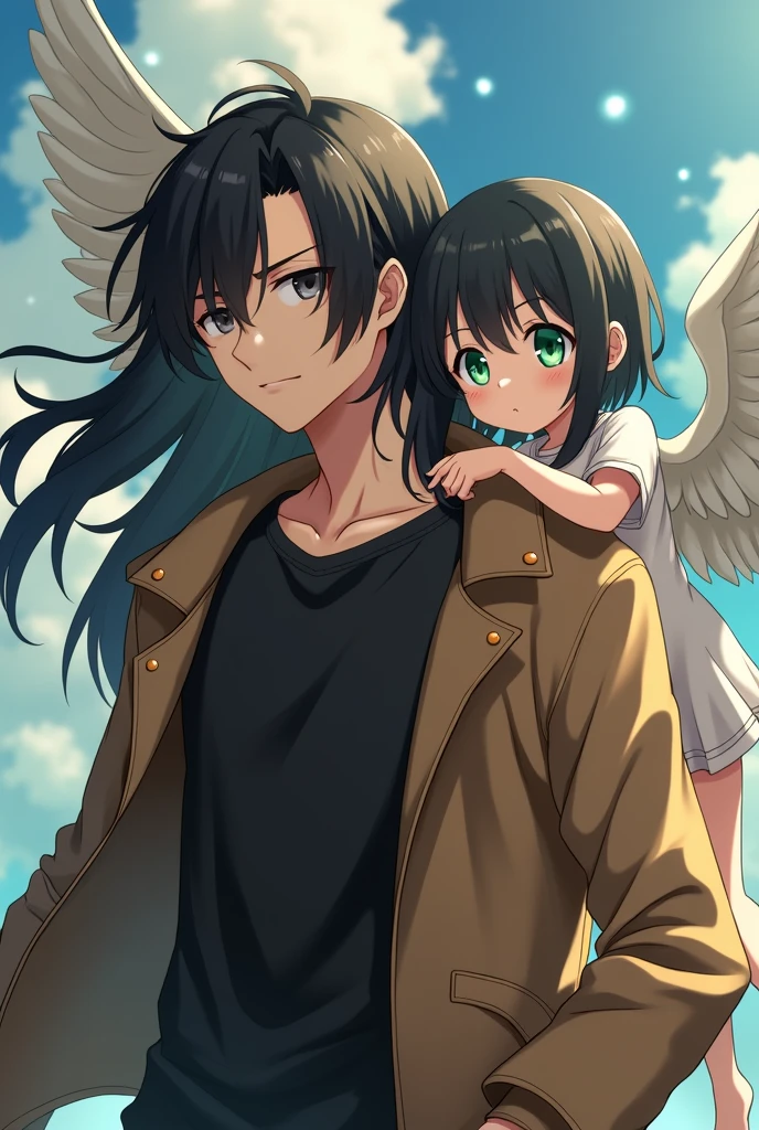 2 people. boy, long black hair, grey eyes, in a black T-shirt and a brown jacket, Beautiful face, beautiful body, 2 adult girls with angel wings sitting on his shoulder, black short hair to shoulders, green eyes, anime art, masterpiece, realistically