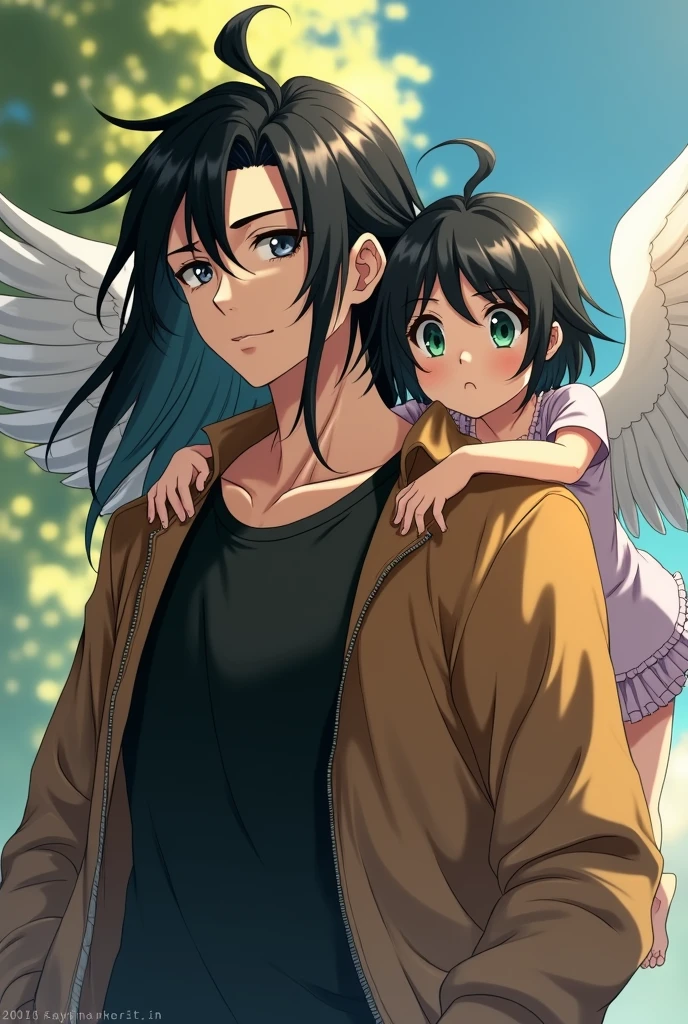 2 people. boy, long black hair, grey eyes, in a black T-shirt and a brown jacket, Beautiful face, beautiful body, 2 adult girls with angel wings sitting on his shoulder, black short hair to shoulders, green eyes, anime art, masterpiece, realistically