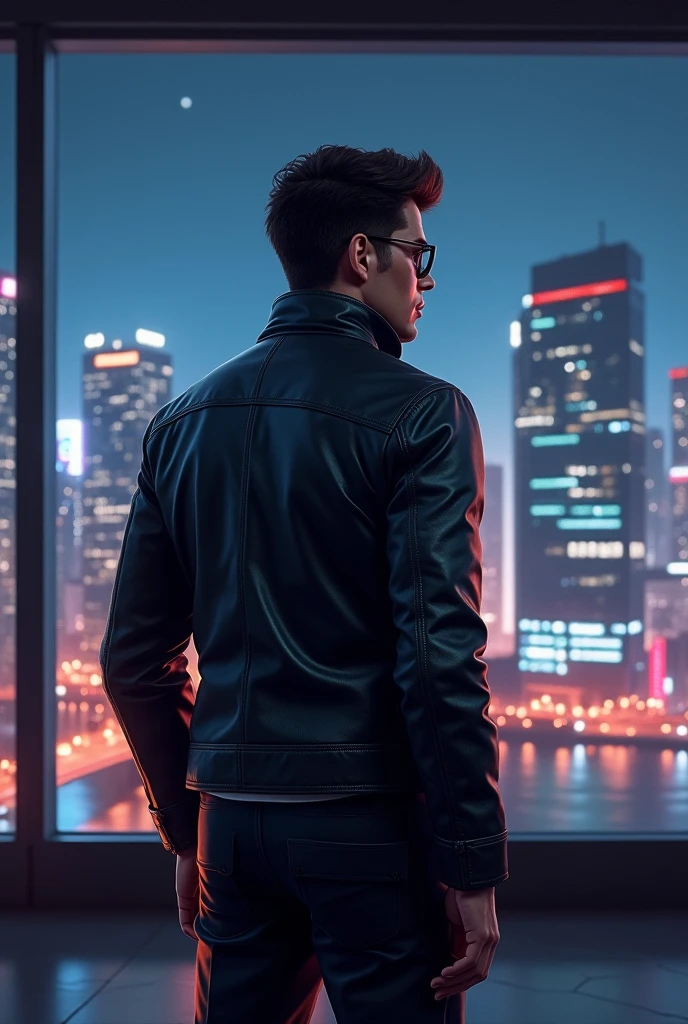 A boy, businessman looks, businessman, handsome, with glasses, back side view, back, full body, 5 feet 7 inches height, medium height big window, night, dark, digitalis city , handsome boy, realistic, real looks, realistic view, stylish boy, stylish bike jacket, real life, digital city, big room, GTA 5, stylish car jacket, full body show,