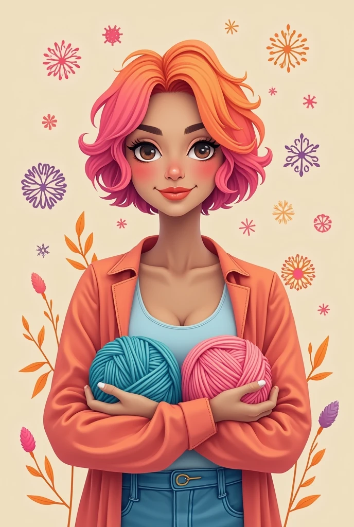 A logo of a woman with short pink and orange hair holding a crochet yarn in each hand. 
 