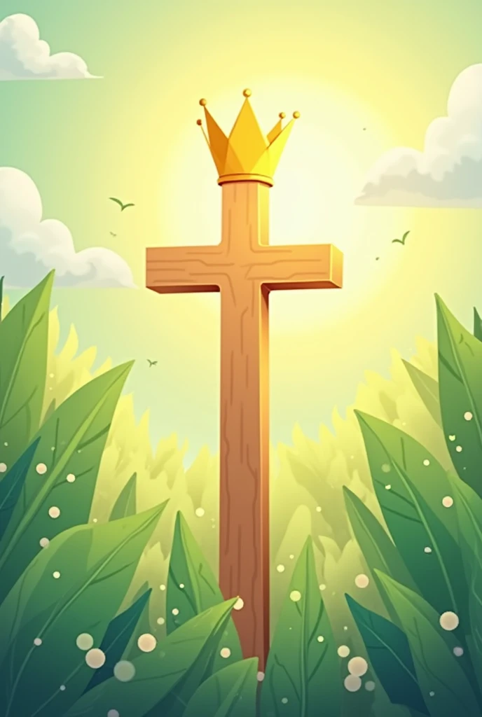 I want a profile picture for Christian tiktok. It has to contain a cross and above it a shining crown. Add more things that match. You can have asthetic leaves and all that. Let it look simple, how cute. All components must be 2D and have a youthful appearance..