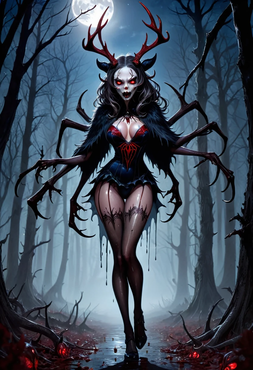 (masterpiece), very detailed, monster girl face, bare feet, thick thighs, spider webs in antler, spider webs, running at you, arms out, hoofs cowboy shot, facing away, night time, long claws, full body, dark background, dimly lit, dry leaf, human face, cute, anime girl, 1girl, solo focused, dark night, dimly lit, moon night, mist in the woods, dark night, creepy dead wood, wendigo, tall slender, dark curled antlers, dripping blood and gore on antlers, human hands, pale skin, darkened fingertip, red sharp nails, blue veins, fangs, skull helmet, red eyes, hoofs for feet, huge breasts, cleavage, black fur coat, scale, thighs, exposed midriff, demon eyes, sharp eyes, bloody red, very tall, terror, dark themed, death, monochrome, desolate, long arms, horror-themed, the dark aura around the face, glowing red eyes, fangs, bloodied mouth, torn pantyhose 