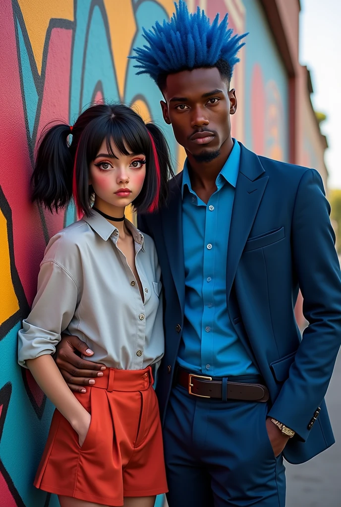 Girl with black hair and a red streak, heterochromatic eyes one red and one orange, wearing a skirt and shirt, with a tall, dark-skinned guy with blue hair and blue eyes and a serious face wearing a blue shirt and jacket