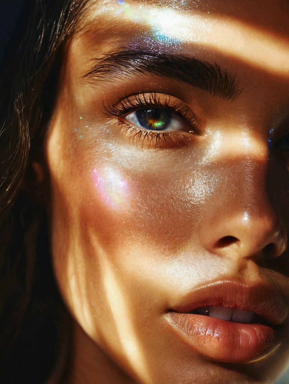 a close up of a woman's face with a bright light shining on her face, iridescent skin, glowing magical shiny skin, transparent vibrant glowing skin, backlit beautiful face, shiny glossy skin, tanned beauty portrait, dramatic light on face, sunlight filtering through skin, light falling on face, perfectly lit face, glistening skin, iridescent specular highlights