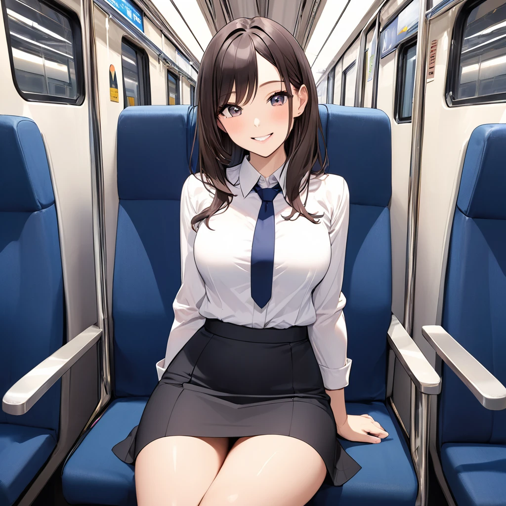 A beautiful office worker in a tight skirt is sitting in the seat directly in front of me on the train, with her butt facing me and smiling.