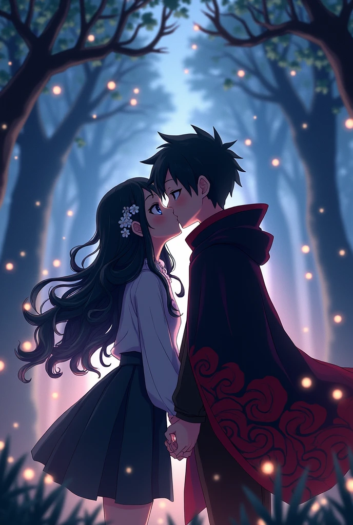 Anime girl with wavy black hair giving a kiss to anime boy dressed as Akatsuki 