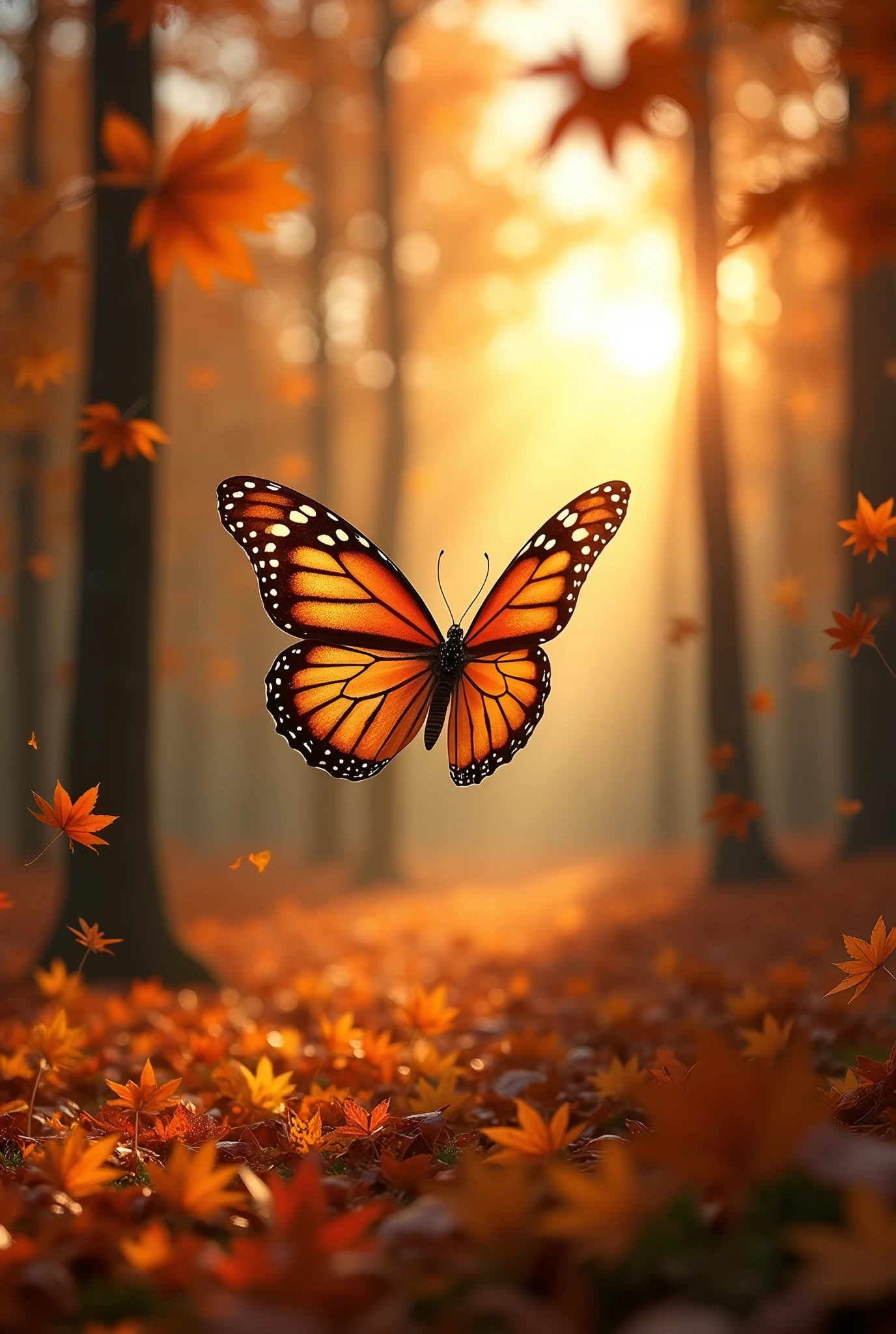 tbutterfly flying, ((Maple Leaf)), ((forest)), ((trees)), ((WIDE VIEW)), sunset, (best quality, high resolution, masterpiece: 1.2), ultra-detailed, (realistic), (Fotos RAW:1.2), (photorealistic), photo-realistic: 1.37), HDR, UHD, Studio Lighting, Ultra-Fine Painting, Sharp Focus, Physically Based Rendering, Extreme Detail Depiction, Professional, Vivid Color, Portraits, Photography, Masterpiece, High Resolution Scan, (Photography: Canon 5D, 50 Zeiss Lens mm), ultra HD, HDR, grade, (professional color grading), sharp focus, natural lighting, ((intricate detail)), (reality: 1.4), (very detailed), light, super detail, 8k, best quality, 8k, best quality, Awards, high resolution, Textured Skin, Anatomically correct, ultra HD, accurate