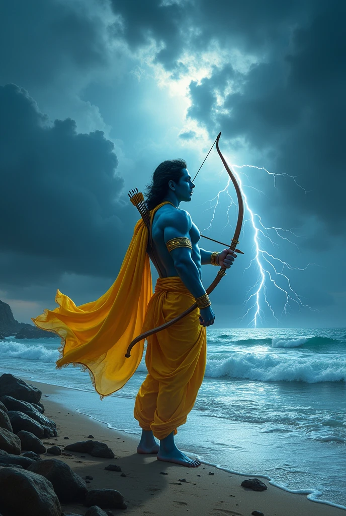 Lord Ram (fit body, blue colour, middle hair, shooting arrows in the sky with a bow in his hand, bright lights in his full body, wearing yellow clothes) standing on the sea shore, shooting arrows in the sky, lightning is flashing in the sky, dark clouds are looming, looking towards the sea, entry scence