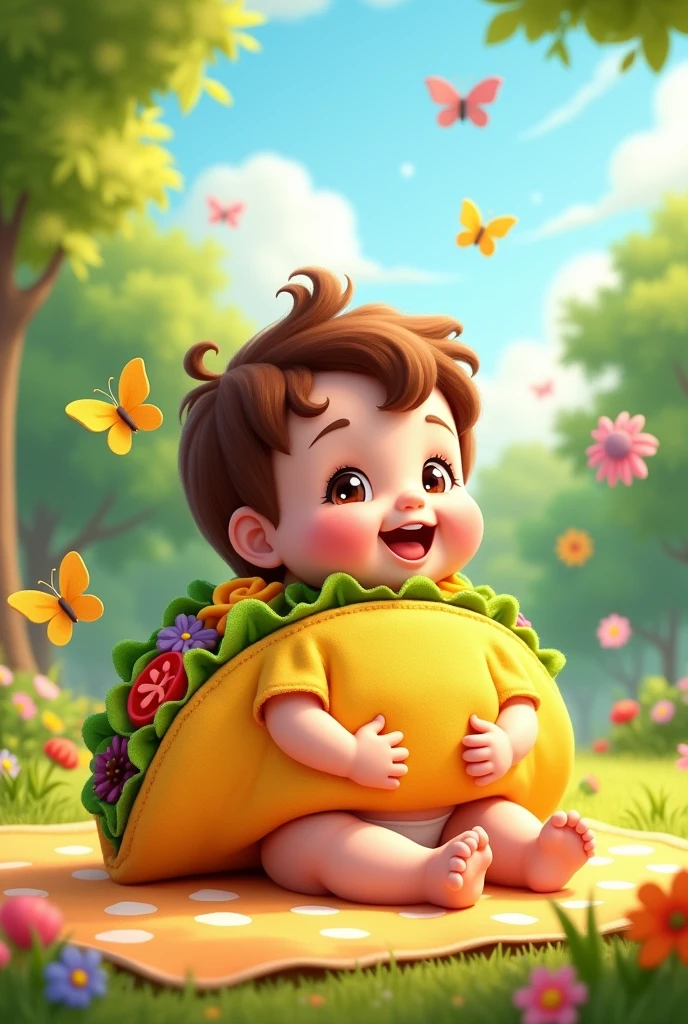 Brown-haired baby dressed as a taco
