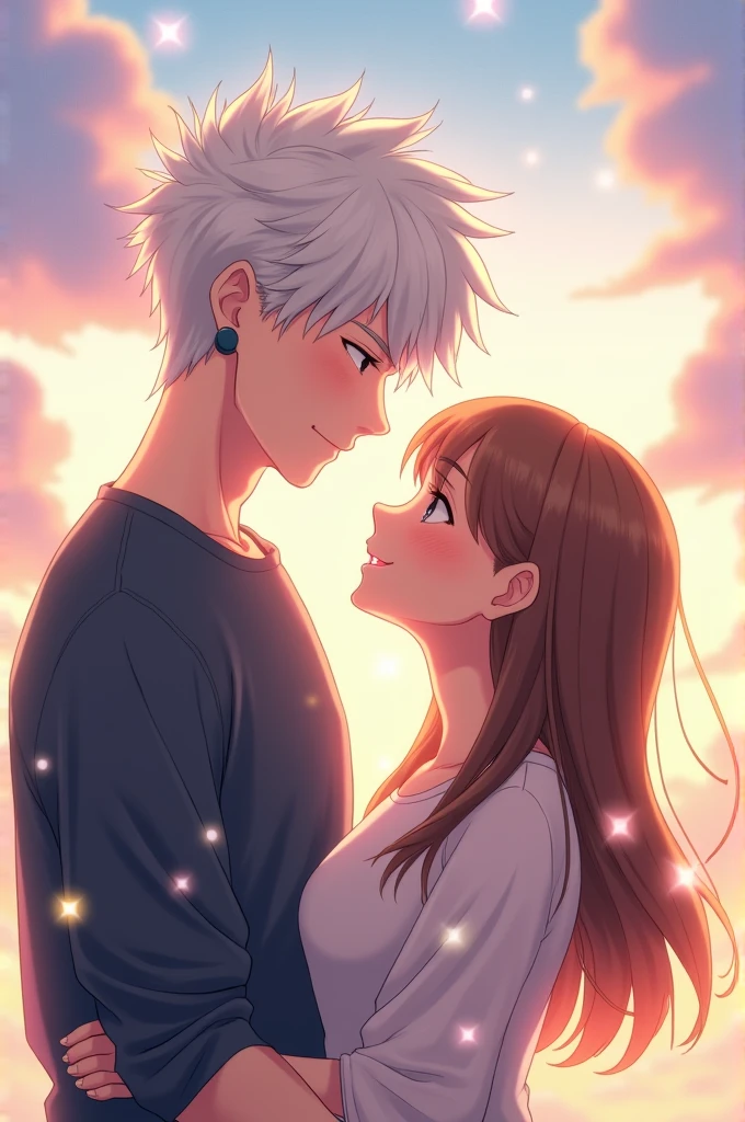 Shared profile picture, anime couple type, the man with white hair, tall and with an earring and the woman short, Brown hair, smiling and round face