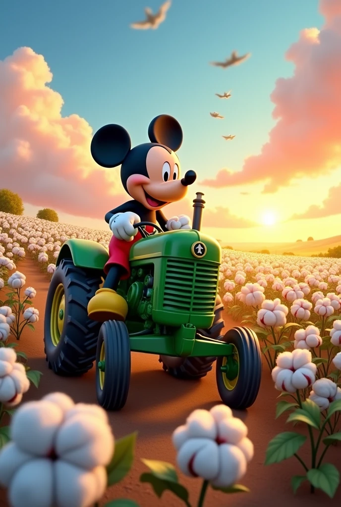 mickey mouse, operating a green tractor, in a cotton field at sunset