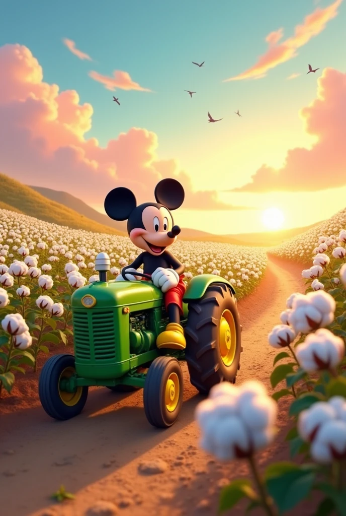mickey mouse, operating a green tractor, in a cotton field at sunset