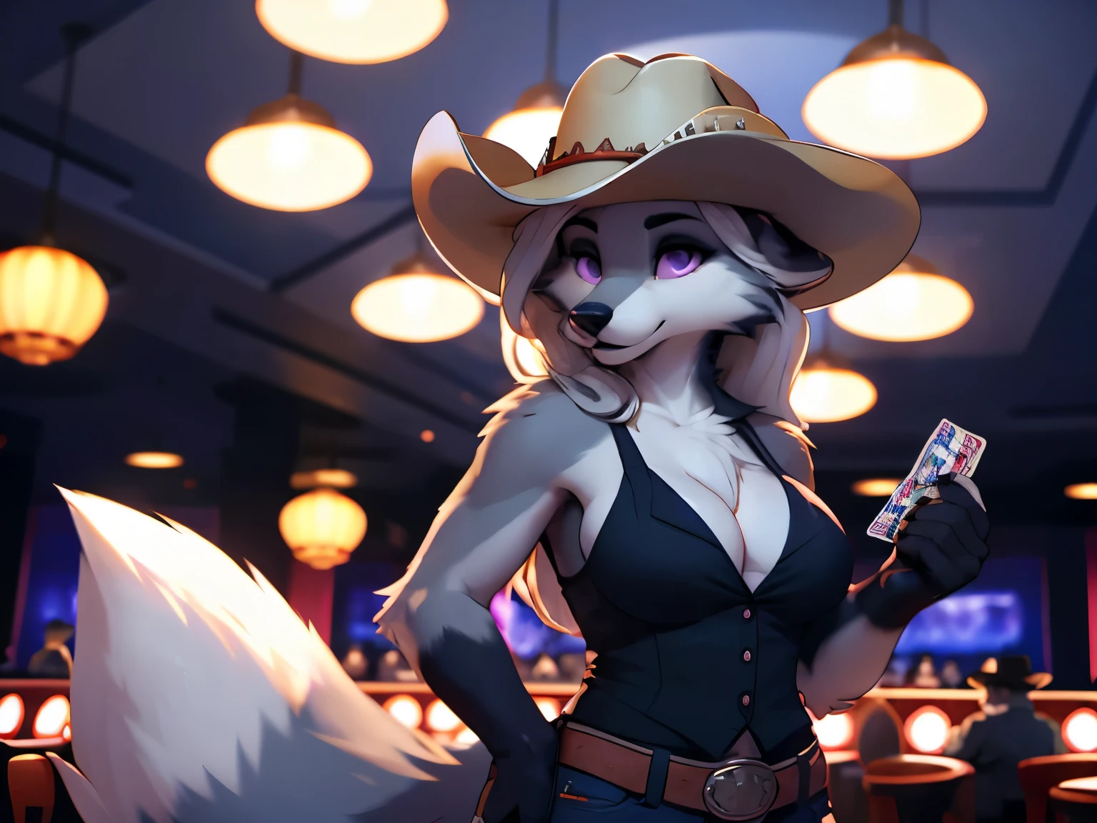 fox, female, solo, white hair, ponytail, ((grey fur)), (purple eyes), (breasts), ((white western clothes with cleavage)), (((large cowboy hat))), (((black cowboy hat))), purple handkerchief, card background, card frame, casino background, hands in pockets, Very good figure, best quality, highres, 16k, Natural soft light, Tyndall effect, Advanced film lighting, Unreal Engine5, Extremely realistic, A high resolution, perfect masterpiece, high quality, high resolution