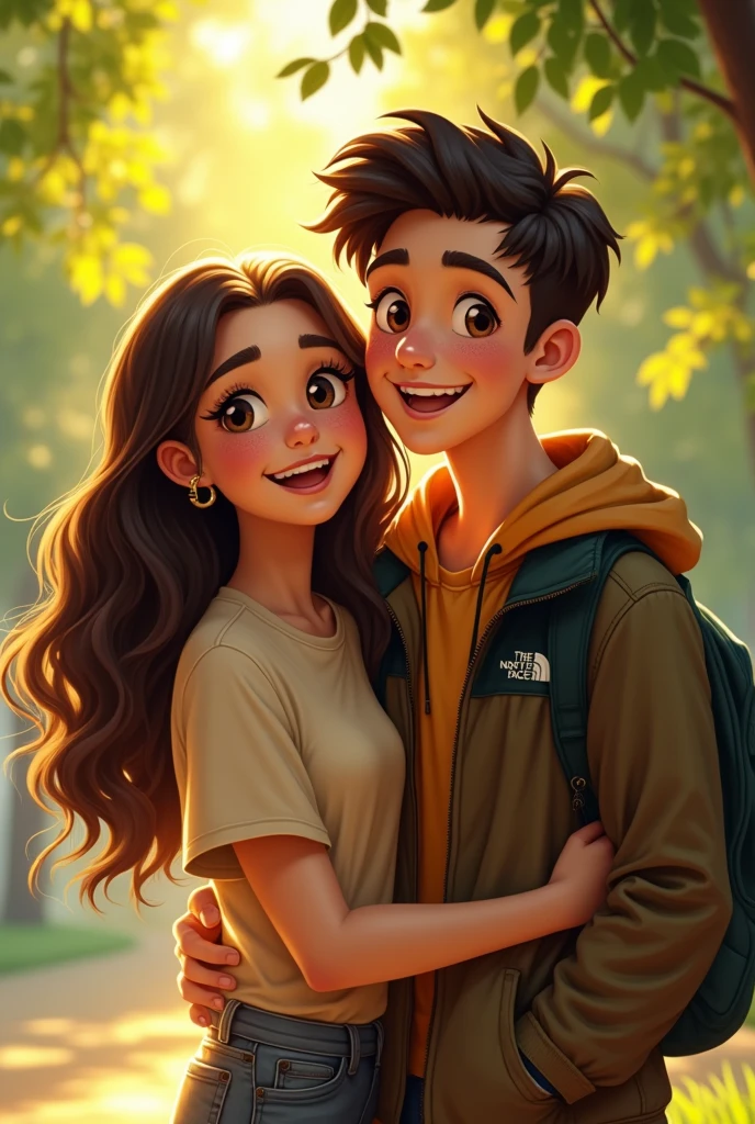 two teenagers hugging, a girl with long dark hair, brunette smiling with dimples and pretty brown eyes and wearing a beige t-shirt. A light-skinned boy with a pretty smile and very dark brown hair, eyes a little big with a disney the north face jacket in a park