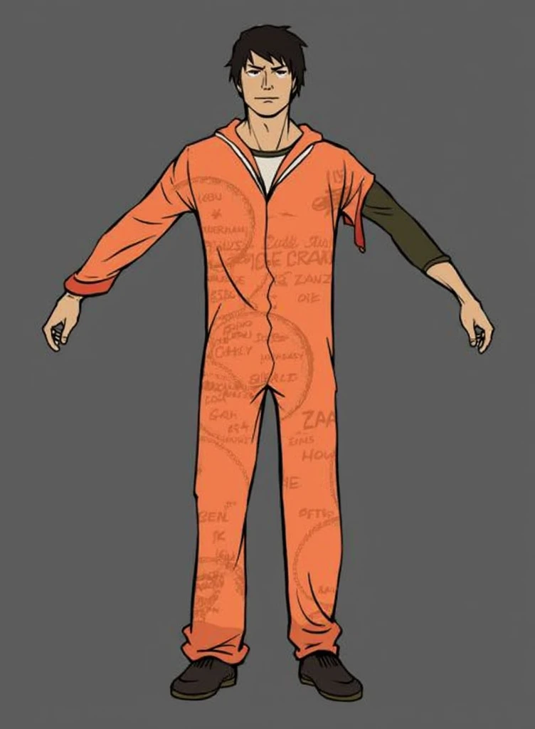 Fishman, Its features are jellyfish-like, its flagella are long, its skin is translucent blue, He is wearing an orange prisoner outfit, chains with handcuffs bind his wrists and legs, He has no hands, he is looking seriously with a slight smile on his face. Art style one piece.
