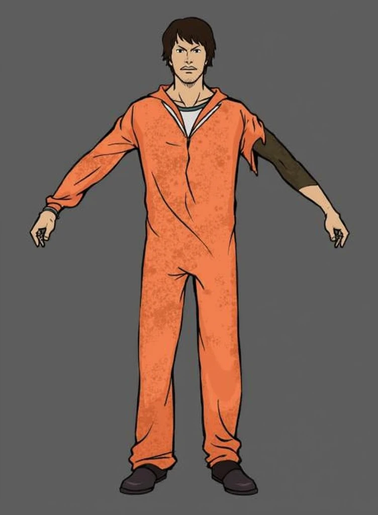 Fishman, Its features are jellyfish-like, its flagella are long, its skin is translucent blue, He is wearing an orange prisoner outfit, chains with handcuffs bind his wrists and legs, He has no hands, he is looking seriously with a slight smile on his face. Art style one piece.