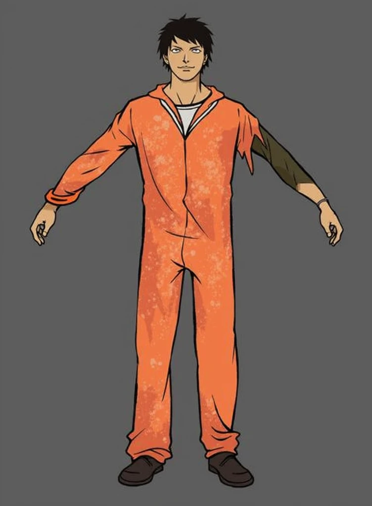 Fishman, Its features are jellyfish-like, its flagella are long, its skin is translucent blue, He is wearing an orange prisoner outfit, chains with handcuffs bind his wrists and legs, He has no hands, he is looking seriously with a slight smile on his face. Art style one piece.