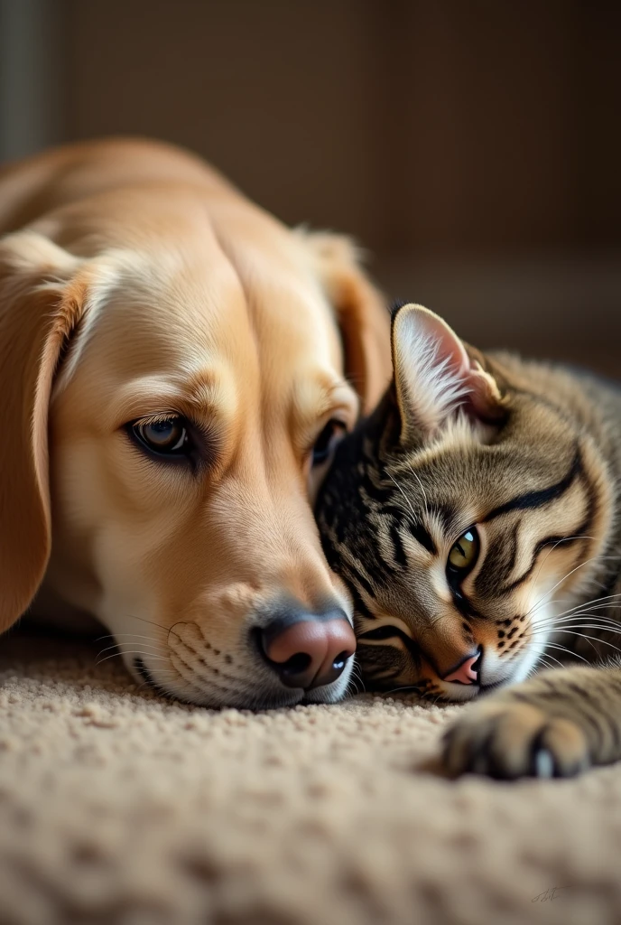 An image showing the head of a dog next to that of a cat, both looking at each other with a loving and complicit gesture. They seem to form a "family" despite being different species.

The dog has a calm and protective demeanor, with kind eyes and a serene expression. Their head leans slightly towards the cat, in a gesture of closeness and care.

On the other hand, the cat adopts a relaxed and confident posture, resting gently against the dog's head. His eyes are half closed, denoting comfort and attachment to their canine companion.

The colors of the image are warm and natural, perhaps with earthy or sepia tones that evoke a feeling of home and intimacy. The background is soft and blurred, keeping the focus on the animals' faces.