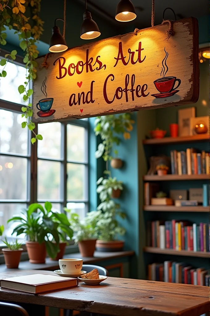 Sign that says "books, art and coffee"