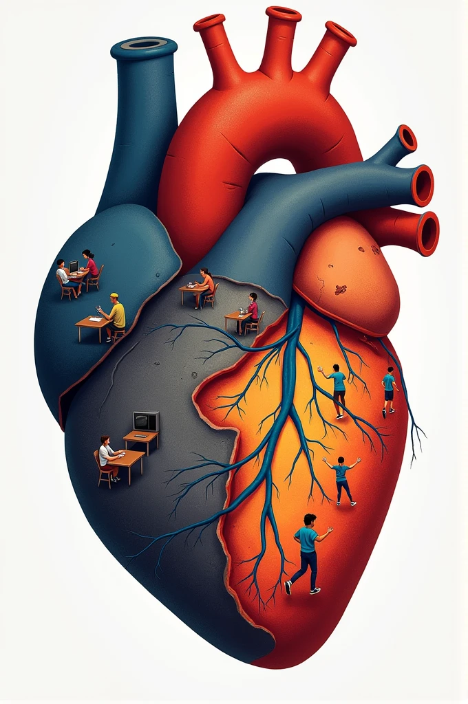 an illustration of a heart, inside the cavities (Auricle and ventricle) de la right personas haciendo actividades físicas y en las cavidades (auricle and ventricle) On the left, people who don't exercise and the heart on that side (left) It's in bad condition, unlike the other side (right) which is beautiful and in good condition.