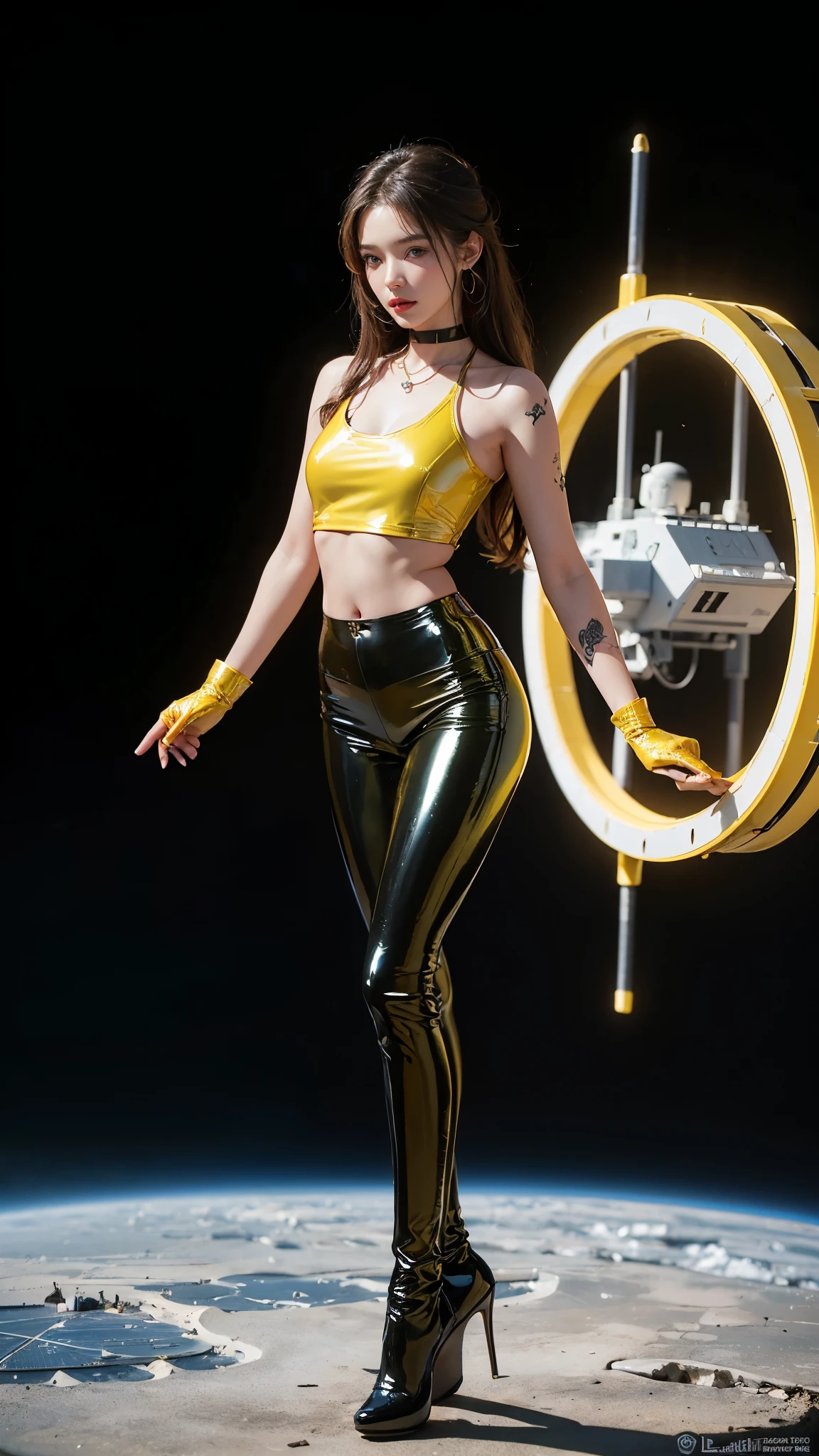 ((masterpiece:1.4)、(Highest quality:1.4)、(Realistic:1.7))、Masterpiece:1.4、(Top-notch rendering:1.4)、(Yuki, the beautiful navigator of the Space Battleship Hikari:1.4)、Super Beauty航海士Yuki、(By Luis Royo:1.4)、(A uniform that accentuates your beautiful figure:1.2)、(Futuristic sci-fi battle fashion:1.2)、(Street Style Wear)、(Tight Fit Pants)、(Shiny luxury latex:1.4)、(Luxury yellow latex:1.4)、19 years old、(Cute Tattoos:1.4)、(Wearing yellow gloves)、Cute Girl、Super Beauty、(Seductive pose)、Sharp Focus、Portrait Photography:1.4、8k、Photorealistic images:1.4、(Perfect female body:1.4)、Perfect proportions、(Standing:1.4)、(Full body photography:1.4)、Beautiful Face、Fearless look、Beautiful Eyes、(Beautiful limbs with a slender, toned stomach emphasized)、(Narrow waist:1.4)、(Beautiful style with 9 proportions:1.4)、(A beautiful girl with long legs and a good figure:1.4)、Beautiful feet:1.2、(Long Hair:1.2)、Heavy makeup、Eyeshadow、Glow Eye、Glow Lip、Beautiful breasts、Large Breasts:1.2、sexy ass、(Standing facing forward:1.4)、Raw photo、Red lips、Yellow high heels:1.4、choker:1.4、necklace:1.4、Earrings:1.4、1 Screen Display:1.4、Space Battleship Hikari&#39;s bridge:1.2