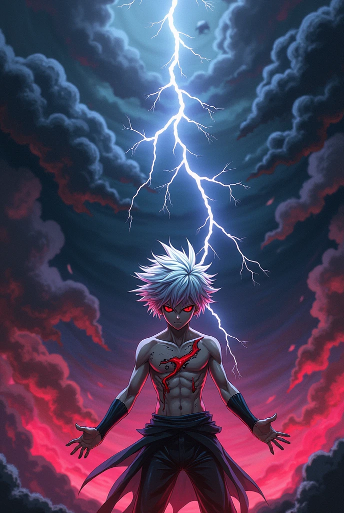 Make a white-haired boy with an evil and uncontrolled expression with red marks on his face.
anime styling