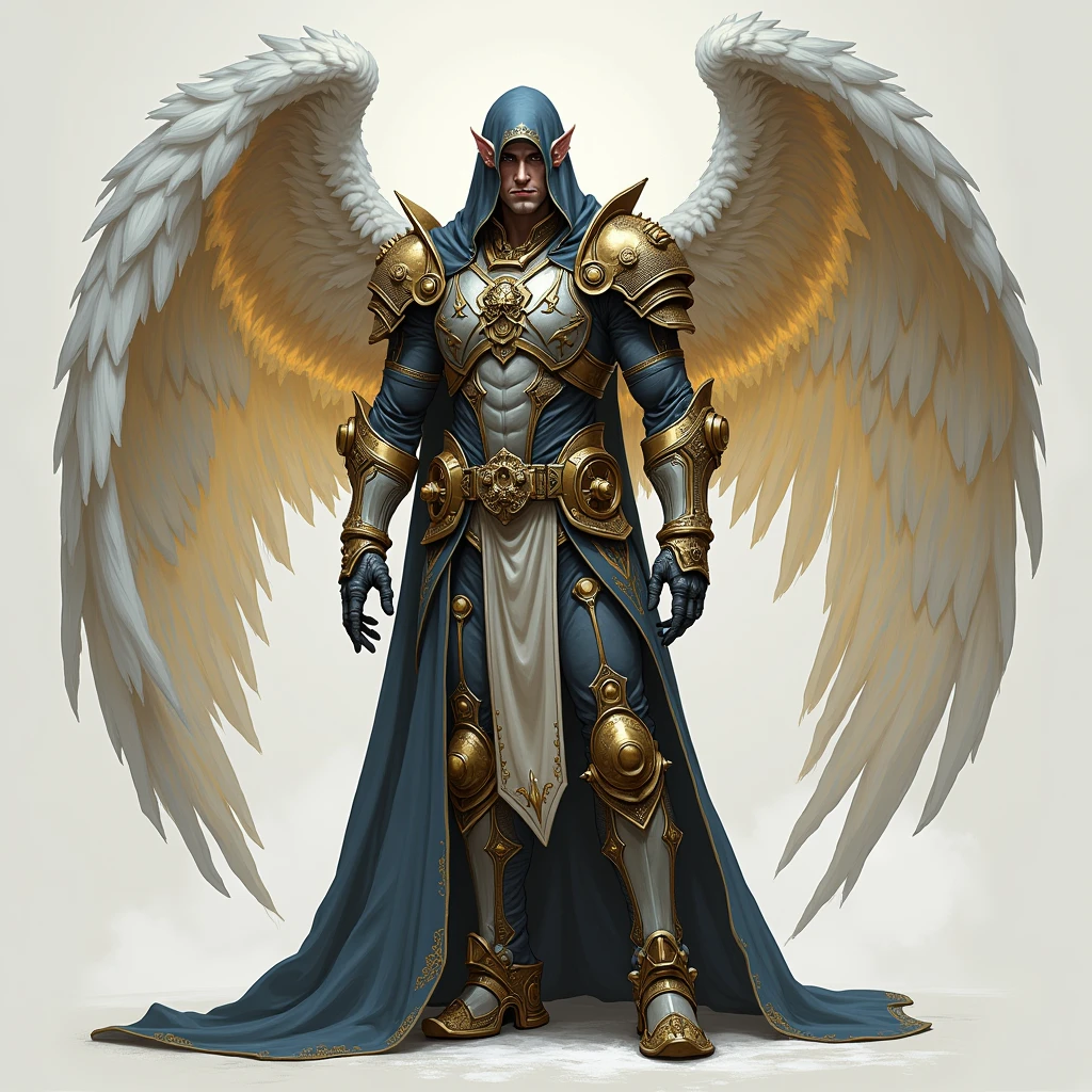 A full-body D&D character that is a wingless angel engineer, but still half-celestial and magical. He has black eyes and his armor is like it's made of gears.