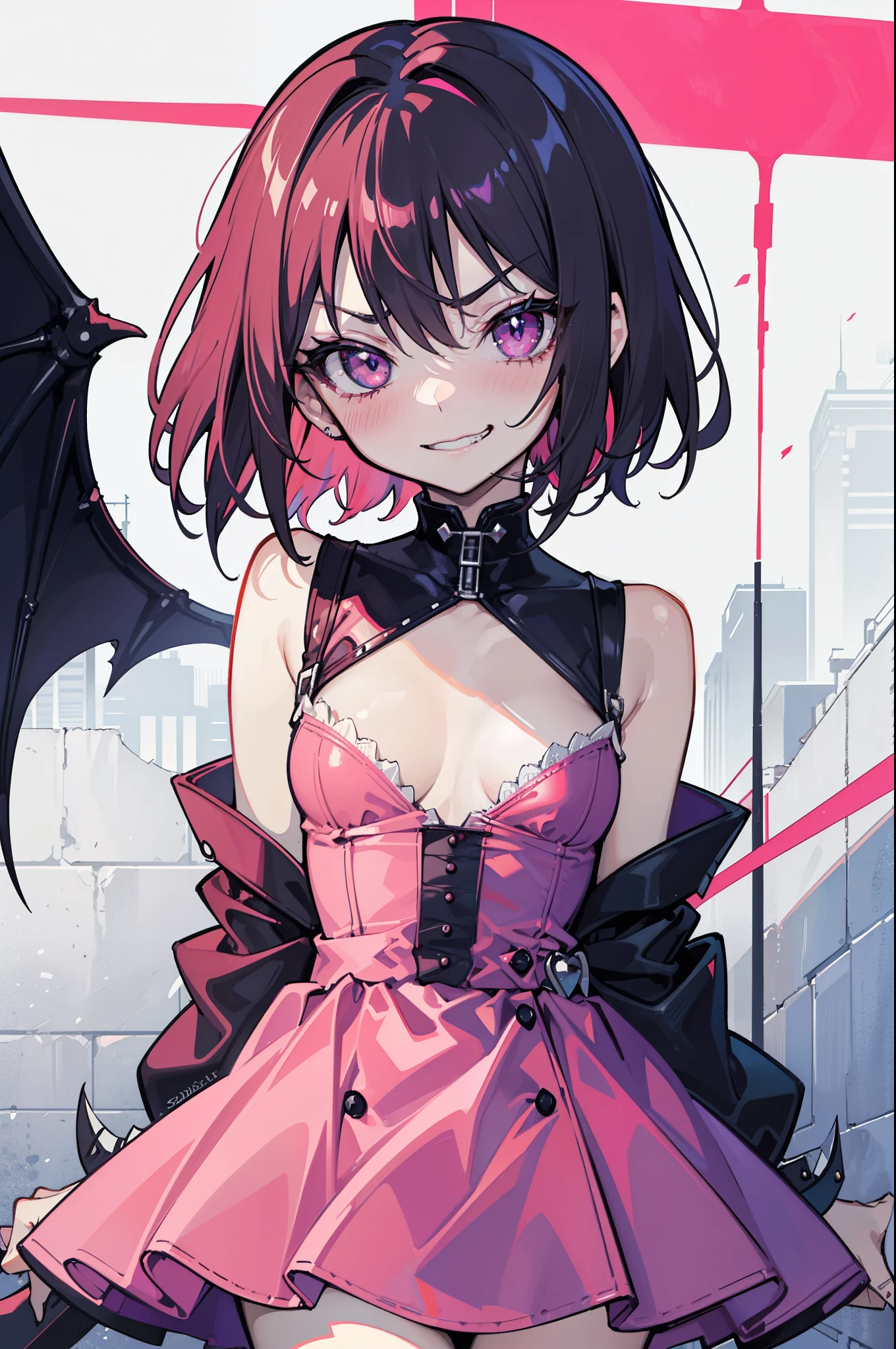 (best quality:1.2), (highest quality:1.2), (perfection:1.1), (flawless:1.1), urban street, 1girl, (evil face, terrifying look, sadistic, dominant:1.1), (sharp smirk:1.1), (:1.1), cute short pink dress, (blushing:1.1), colorful short hair, small breasts, (best quality eyes:1.1), highly detailed, 8k, best quality resolution, (most beautiful upscale:1.1)