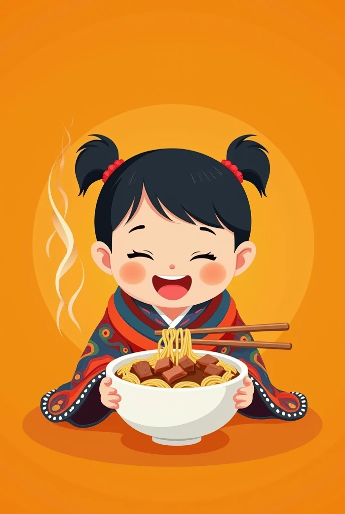minimalist logo, as a little Japanese girl, wearing a serape, closed eyes, happy, Eating noodles with bits of meat, on an orange background.