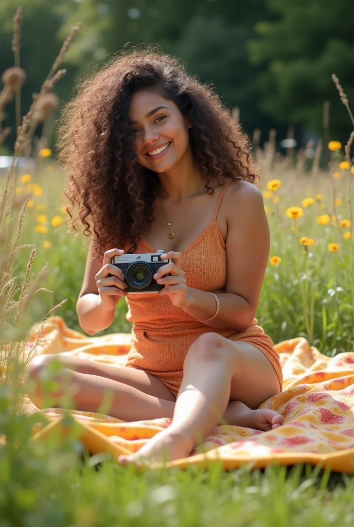 A brunette girl with curly hair and big breasts sits with her legs stretched out, taking a realistic photo