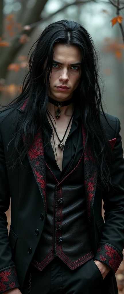 A sexy young male, with long black hair, teal blue eyes, long eyelashes, and delicate and pretty, handsome features. Dressed in all gothic clothes. (No facial or body hair) seductive, pretty. The overall look is very erotic. His skin is pale and white. (((Gothic style))) (((Halloween))) ((Best quality)), ((masterpiece)), 8k (detailed), ((perfect face)) ((fullbody)), perfect proportions. (((No facial hair))) ((no body hair)) (((young handsome boy))) (((red and black))) He's sexy. Male. Boy. Handsome. Smirking maliciously and looking down at the camera.  ((((((((((((((((((((((FULLBODY)))))))))))))))))))))))))) sexy pose. Sexy. Sexy pose. Seductive.  Sexy pose. Sexy pose. 
