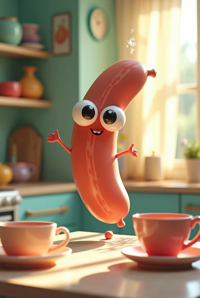 Sausage shaped like tea with red stripes running through its eyes and floating one meter